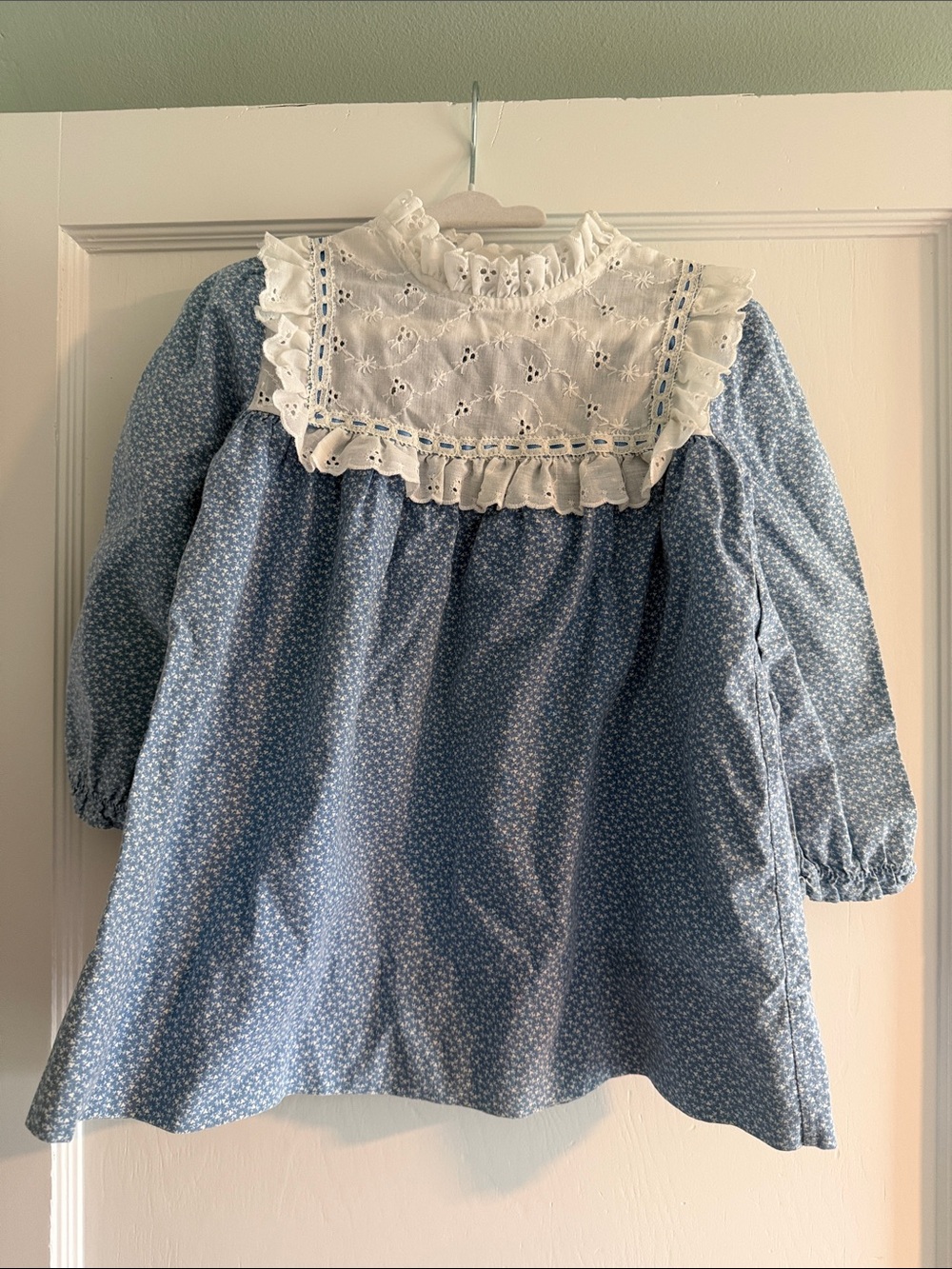 Vintage Blue Floral Girls' Dress with White Lace Bib detail